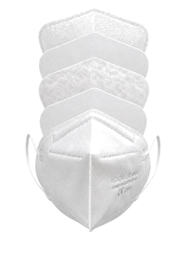 The MM2-S respirator with its five layers separated and stacked above it